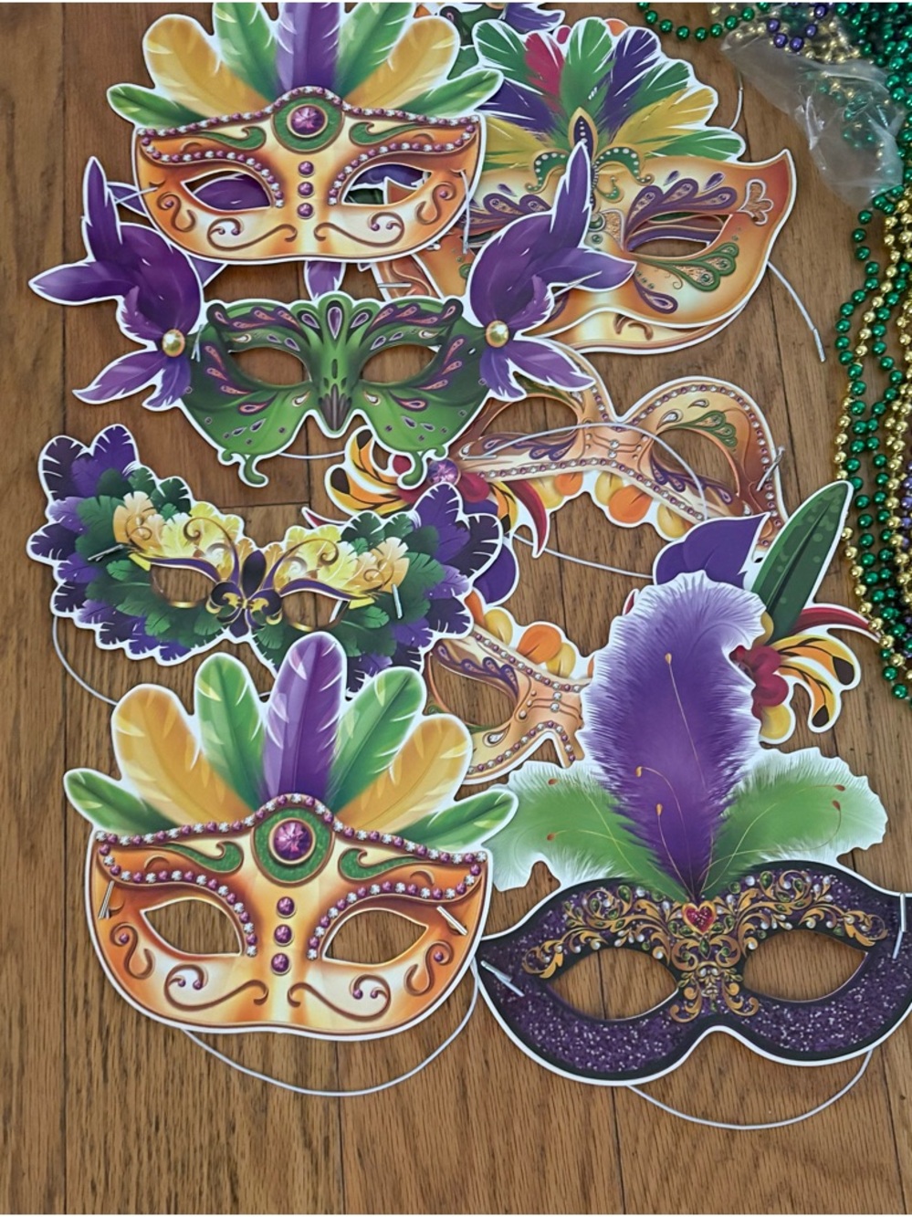 Mardi Gras Party Masks with Purple, Green & Gold Beads